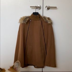 BCBG MAXAZRIA camel cape with detachable faux fur